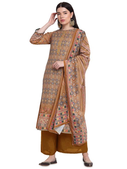 yellow printed unstitched suit set - 18119392 - Very Small Image - 1