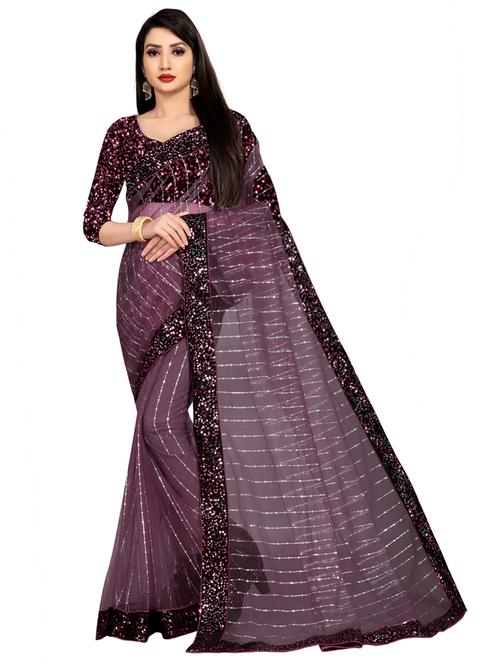 lace bordered sequined saree with blouse - 18119511 - Very Small Image - 1