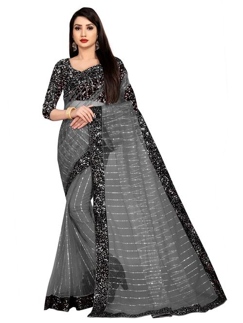 lace bordered sequined saree with blouse - 18119512 - Very Small Image - 1