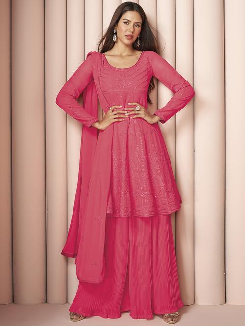 pink sharara sem-stitched suit set - 18138420 - Very Small Image - 1