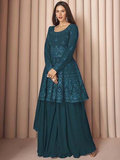navy sharara semi-stitched suit set - 18138424 - Very Small Image - 1