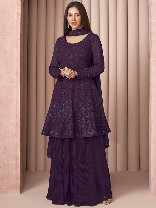 purple sharara semi-stitched suit set - 18138425 - Very Small Image - 1