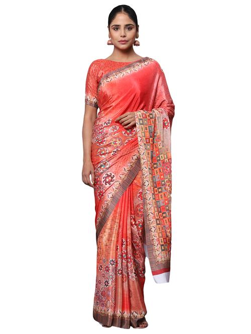 orange printed saree with blouse - 18139814 - Very Small Image - 1
