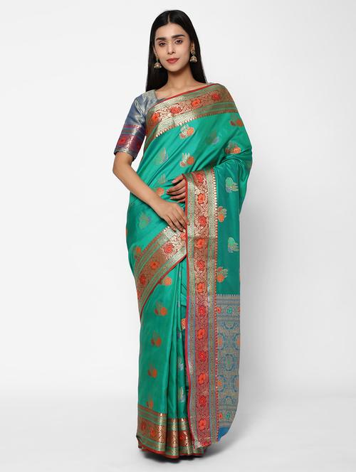 turquoise silk blend banarasi saree - 18140697 - Very Small Image - 1
