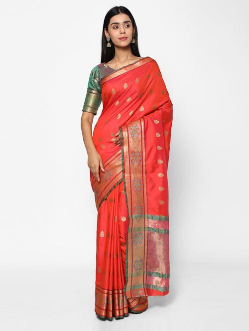 red silk blend banarasi saree - 18140700 - Very Small Image - 1