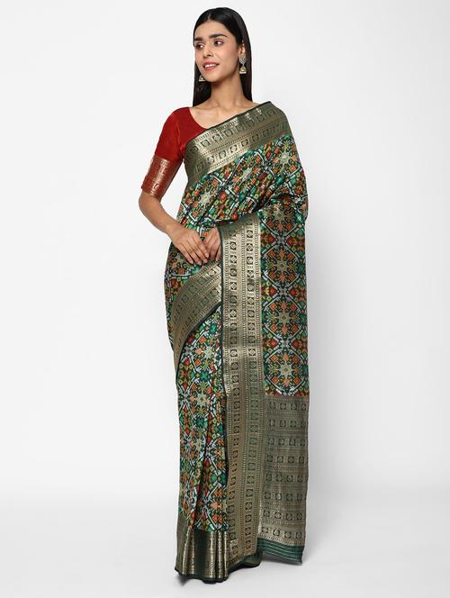 green silk blend pochampalli saree with blouse - 18140705 - Very Small Image - 1