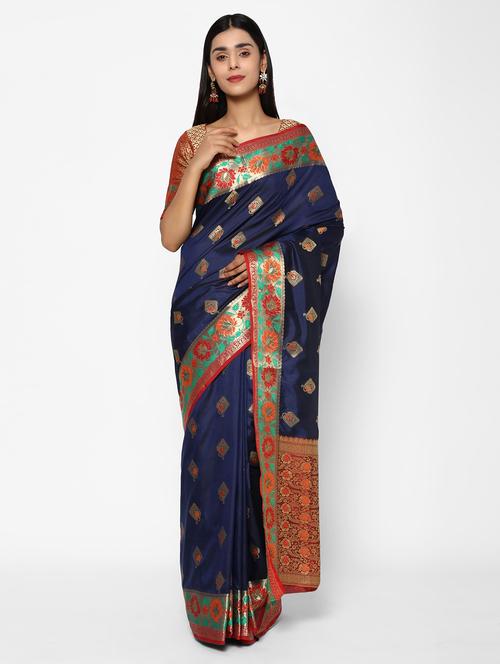 navy silk blend banarasi saree with blouse - 18140707 - Very Small Image - 1