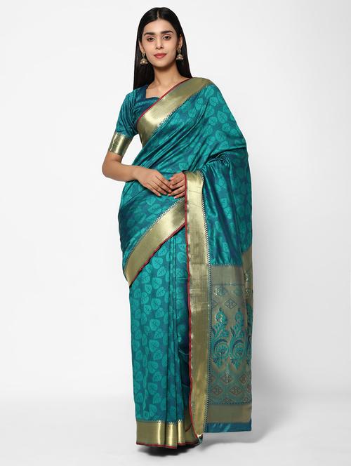 turquoise silk blend kanjivaram saree - 18140708 - Very Small Image - 1