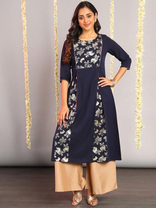 navy crepe aline kurta - 18140755 - Very Small Image - 1