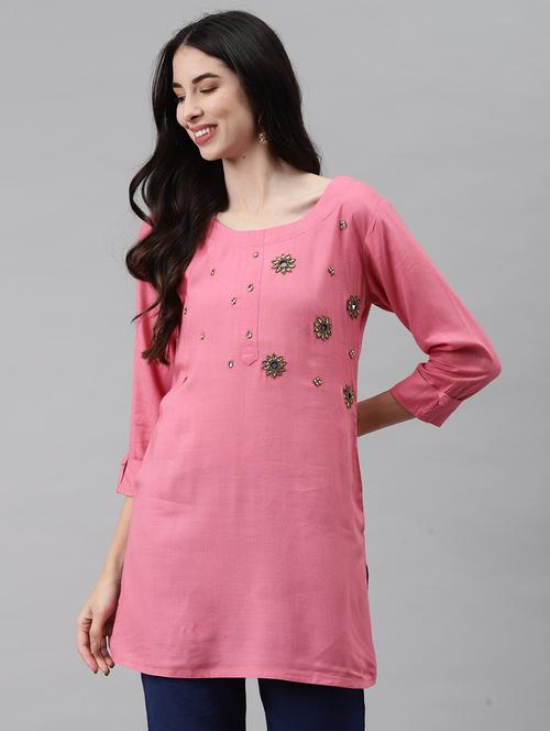 pink mirror work straight kurti - 18141224 - Very Small Image - 1