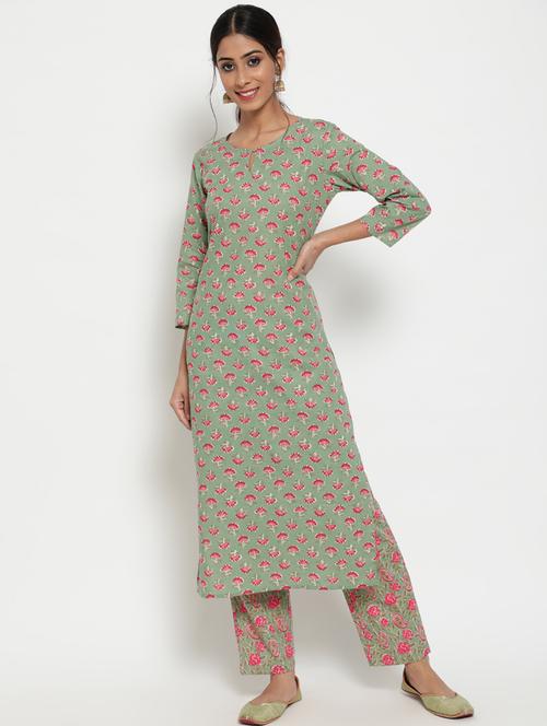 green cotton kurta pant set - 18141506 - Very Small Image - 1