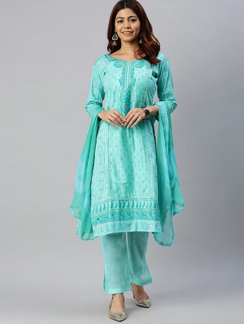 turquoise semi-stitched suit set - 18141622 - Very Small Image - 1