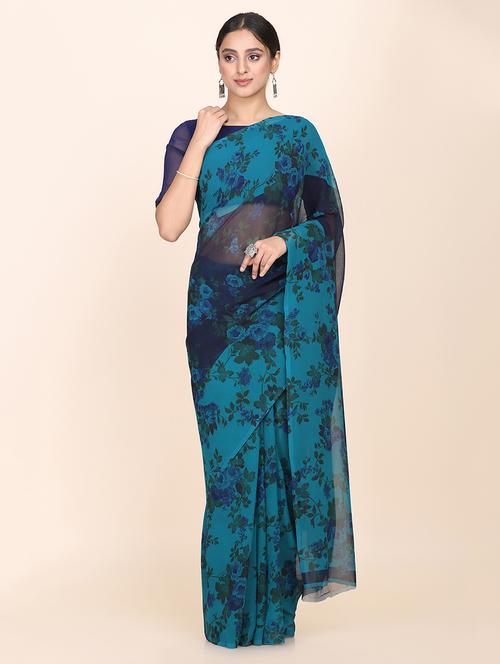 navy georgette printed saree with blouse - 18142720 - Very Small Image - 1