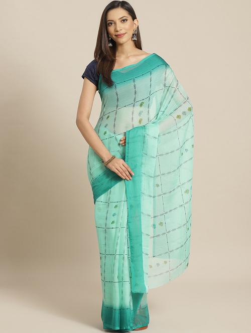 green georgette printed saree with blouse - 18142724 - Very Small Image - 1