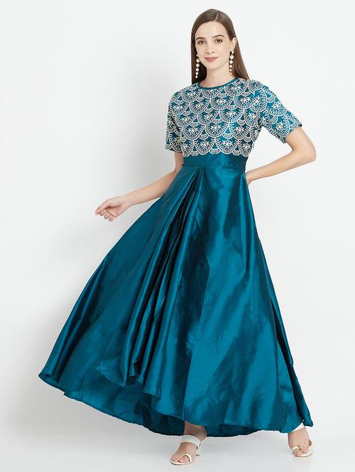 teal blue solid fit & flare ethnic dress - 18143635 - Very Small Image - 1