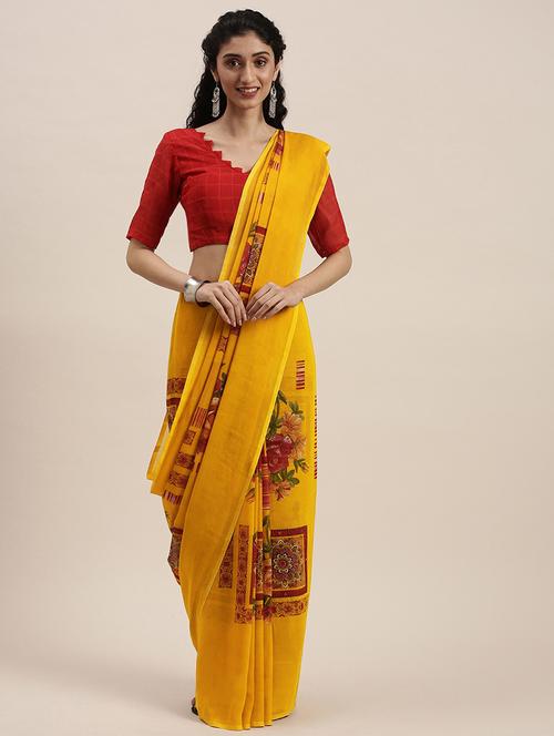 yellow georgette printed saree with blouse - 18144992 - Very Small Image - 1