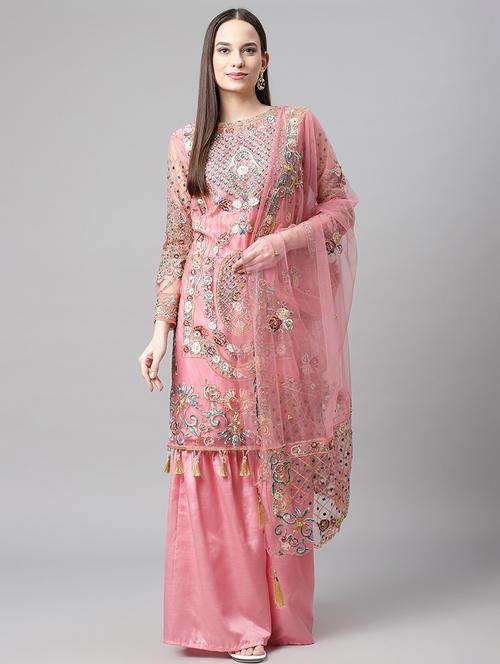 pink embroidered unstitched sharara suit set - 18145274 - Very Small Image - 1