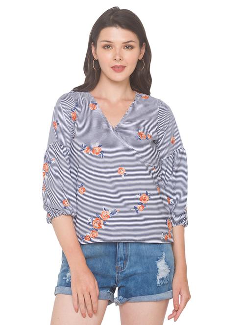 overlap neck striped top - 18146935 - Very Small Image - 1