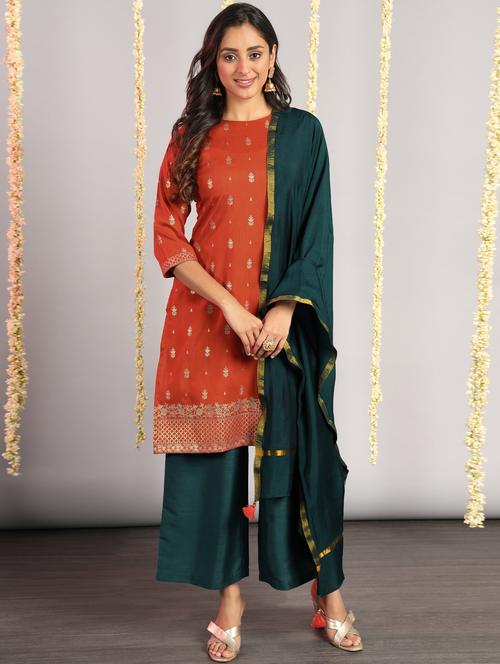 orange silk kurta palazzo set - 18150639 - Very Small Image - 1