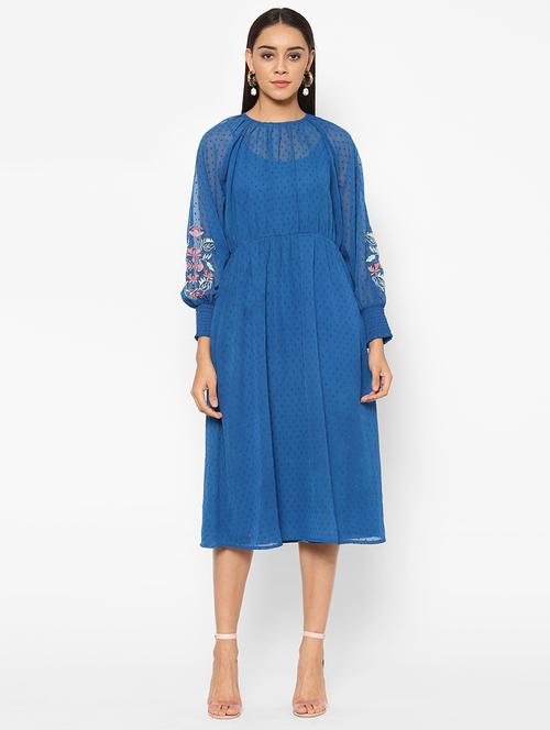 bishop sleeved self-designed fit & flare dress - 18151886 - Very Small Image - 1