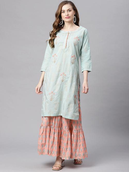 teal cotton kurta sharara set - 18163068 - Very Small Image - 1