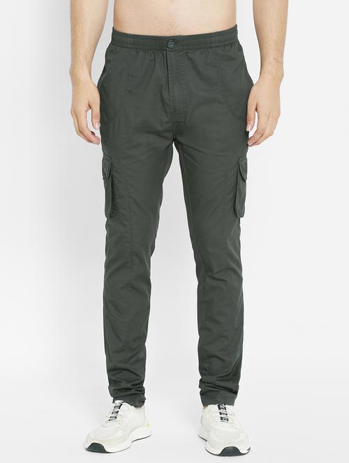 olive green solid cargos casual trouser - 18164472 - Very Small Image - 1