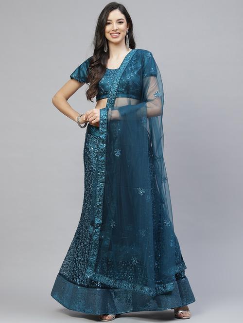 teal net fish cut lehenga - 18164565 - Very Small Image - 1