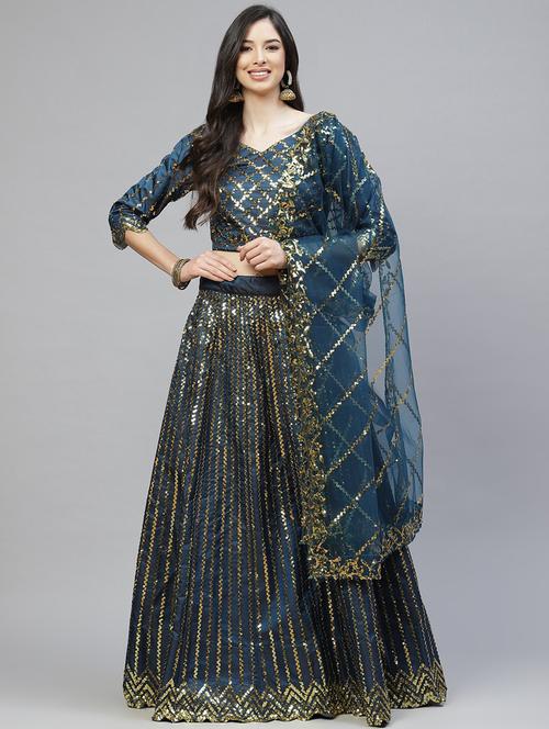 teal satin flared lehenga - 18164569 - Very Small Image - 1