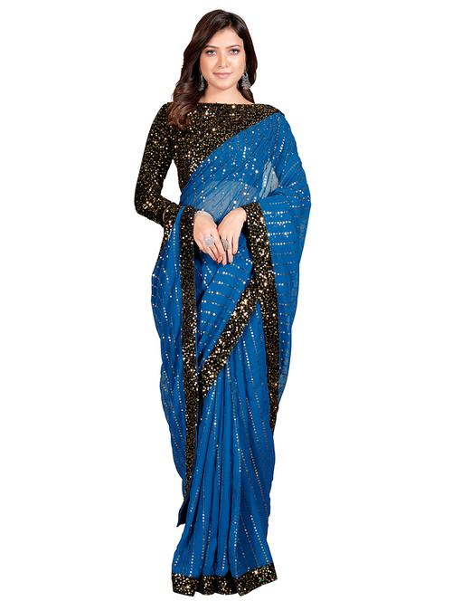 lace bordered sequined saree with blouse - 18165509 - Very Small Image - 1