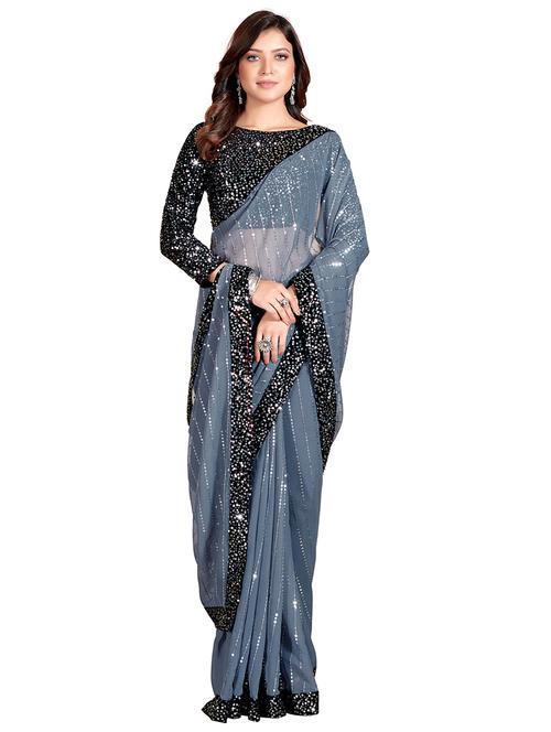 lace bordered sequined saree with blouse - 18165511 - Very Small Image - 1