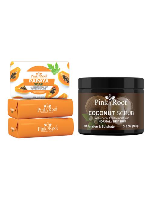 pink root papaya soap 100gm (pack of 3) with pink root coconut scrub 100gm - 18165909 - Very Small Image - 1