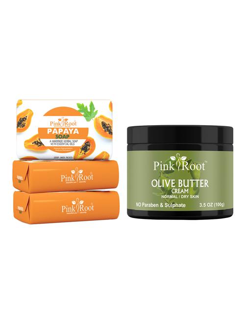 pink root papaya soap 100gm (pack of 3) with pink root olive butter cream 100gm - 18165911 - Very Small Image - 1