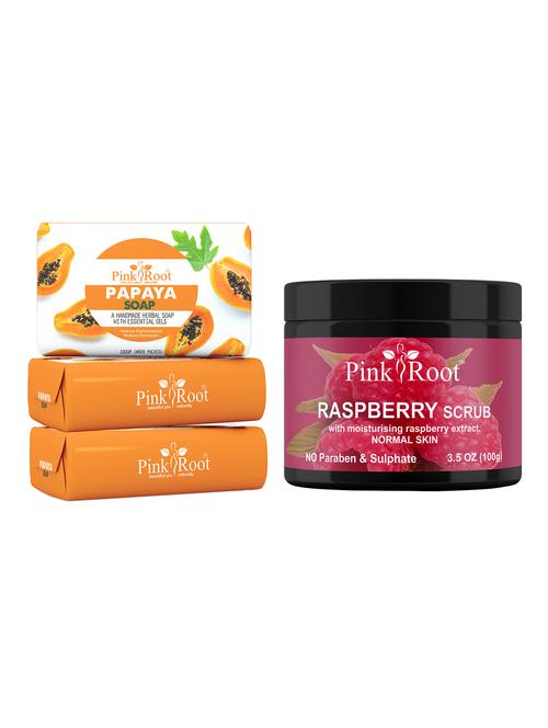 pink root papaya soap 100gm (pack of 3) with pink root raspberry scrub 100gm - 18165913 - Very Small Image - 1