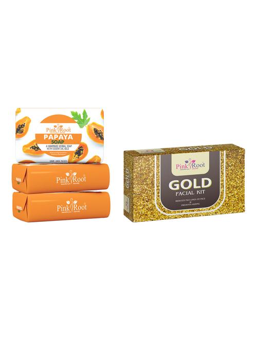 pink root papaya soap 100gm (pack of 3) with pink root gold facial kit - 18165929 - Very Small Image - 1