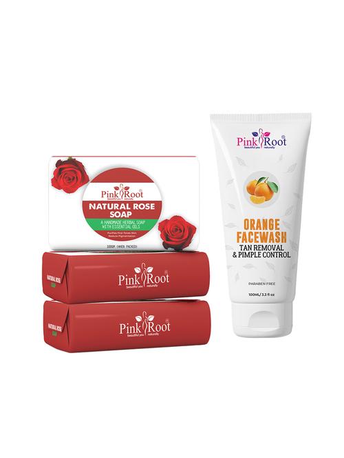pink root natural rose soap 100gm (pack of 3) with pink root orange face wash 100ml - 18166027 - Very Small Image - 1