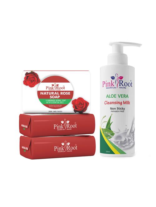 pink root natural rose soap 100gm (pack of 3) with pink root aloe vera cleansing milk 200ml - 18166031 - Very Small Image - 1