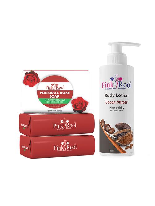pink root natural rose soap 100gm (pack of 3) with pink root cocoa butter body lotion 200ml - 18166032 - Very Small Image - 1