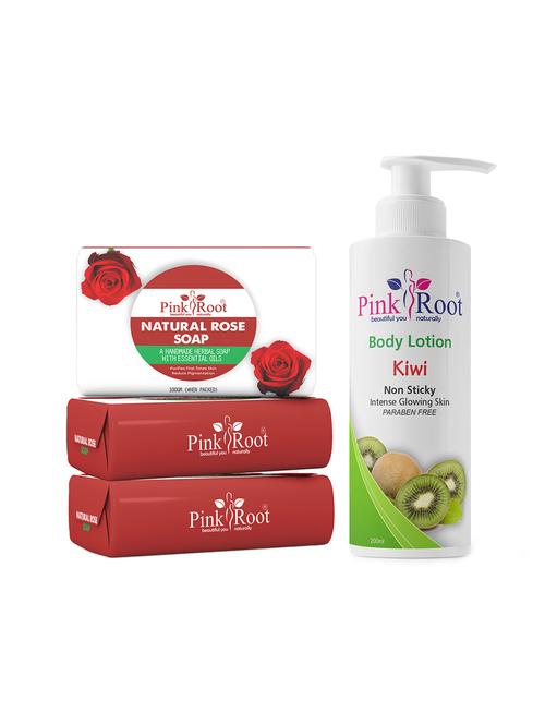 pink root natural rose soap 100gm (pack of 3) with pink root kiwi body lotion 200ml - 18166033 - Very Small Image - 1