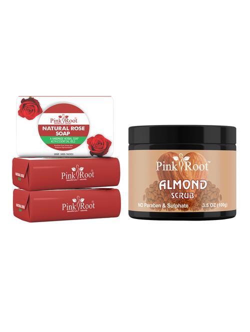 pink root natural rose soap 100gm (pack of 3) with pink root almond scrub 100gm - 18166034 - Very Small Image - 1