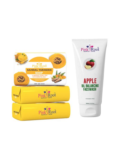 pink root sandal turmeric soap 100gm (pack of 3) with pink root apple oil balancing face wash 100ml - 18166146 - Very Small Image - 1