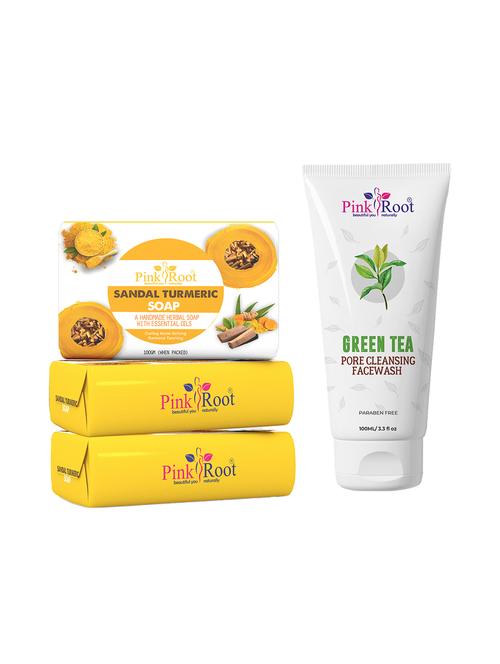 pink root sandal turmeric soap 100gm (pack of 3) with pink root green tea pore cleansing face wash 100ml - 18166148 - Very Small Image - 1