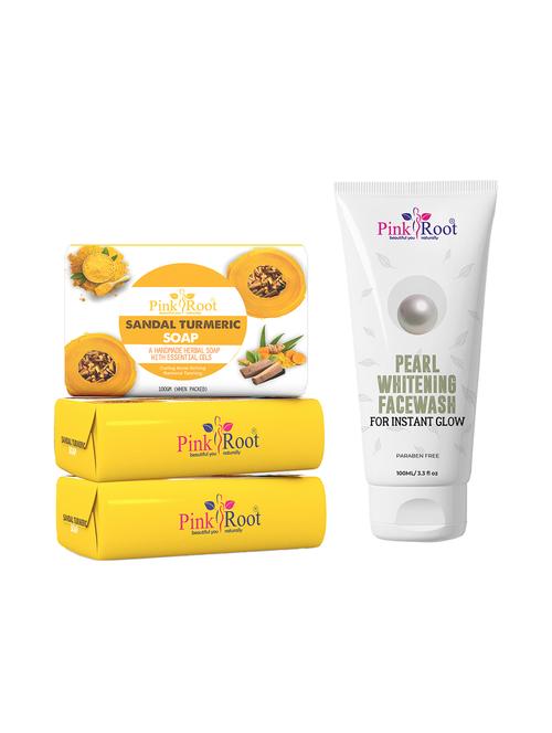 pink root sandal turmeric soap 100gm (pack of 3) with pink root pearl whitening face wash 100ml - 18166155 - Very Small Image - 1