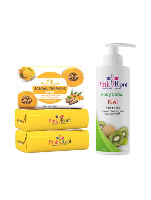 pink root sandal turmeric soap 100gm (pack of 3) with pink root kiwi body lotion 200ml - 18166160 - Very Small Image - 1