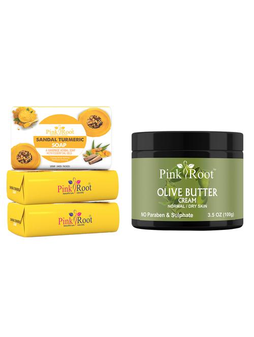 pink root sandal turmeric soap 100gm (pack of 3) with pink root olive butter cream 100gm - 18166165 - Very Small Image - 1