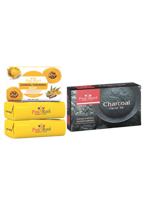 pink root sandal turmeric soap 100gm (pack of 3) with pink root charcoal facial kit - 18166180 - Very Small Image - 1