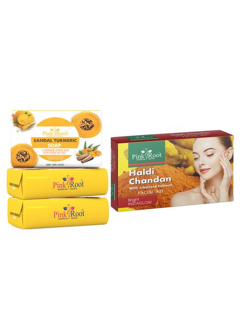 pink root sandal turmeric soap 100gm (pack of 3) with pink root haldi chandan facial kit - 18166184 - Very Small Image - 1