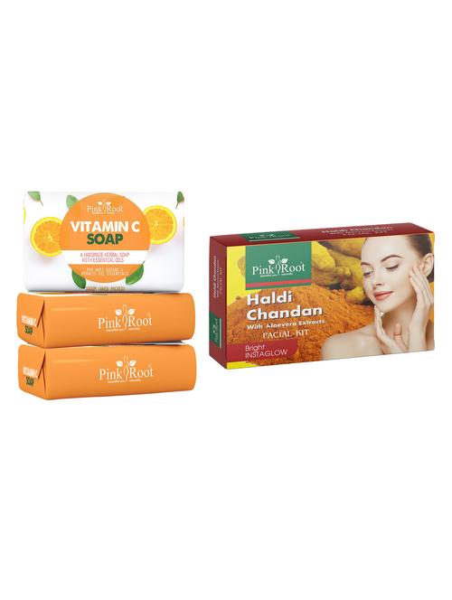 pink root vitamin c soap 100gm (pack of 3) with pink root haldi chandan facial kit - 18166332 - Very Small Image - 1