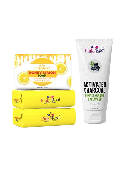pink root honey lemon soap 100gm (pack of 3) with pink root activated charcoal deep cleansing face wash 100ml - 18166418 - Very Small Image - 1