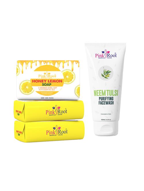 pink root honey lemon soap 100gm (pack of 3) with pink root neem tulsi purifying face wash 100ml - 18166422 - Very Small Image - 1