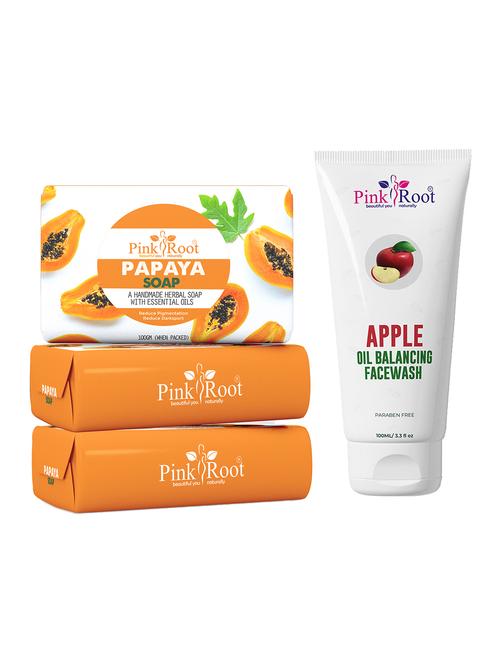 pink root papaya soap 100gm (pack of 3) with pink root apple oil balancing face wash 100ml - 18166605 - Very Small Image - 1